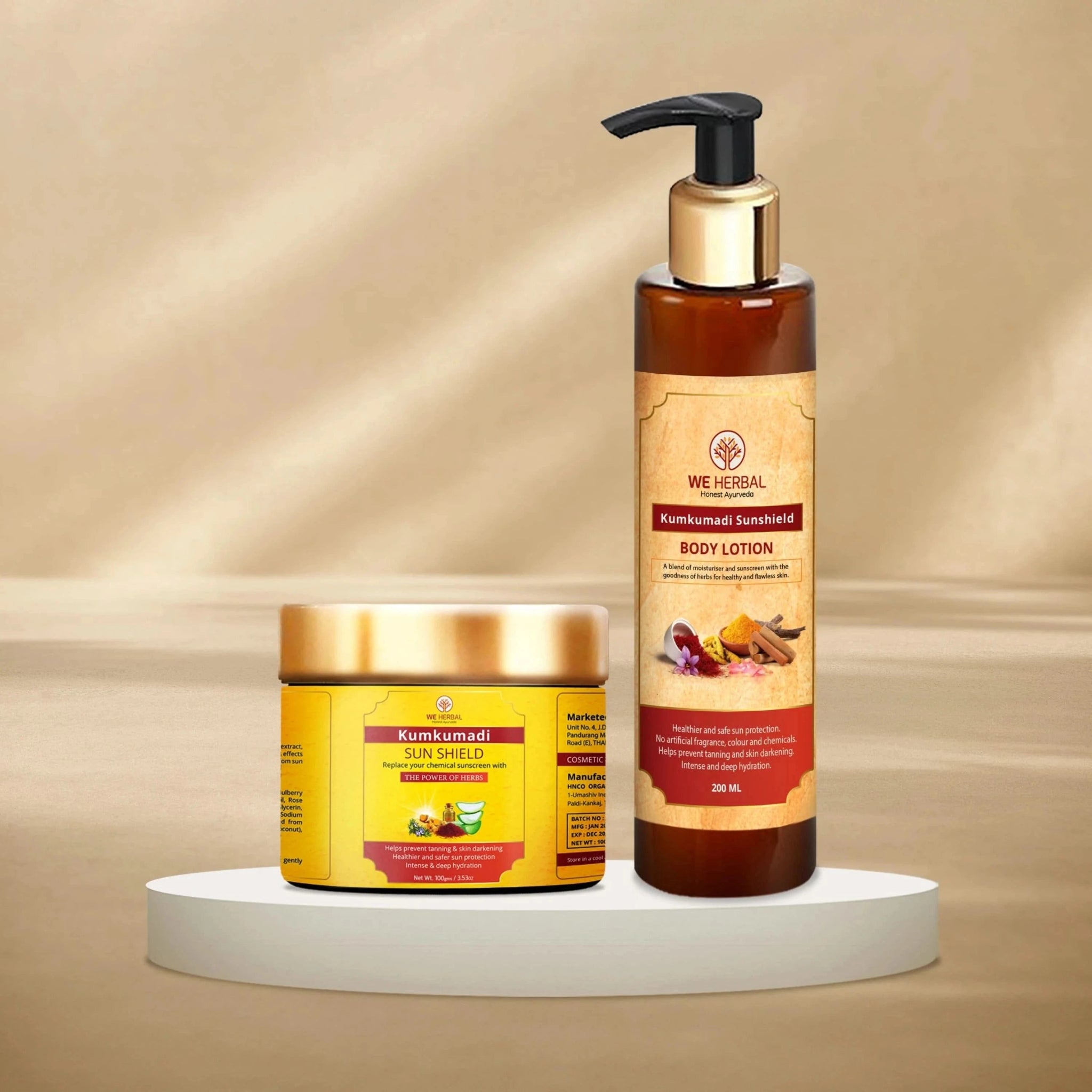 Kumkumadi Sunshield & Kumkumadi Body Lotion Combo - We Herbal | Honest Ayurveda