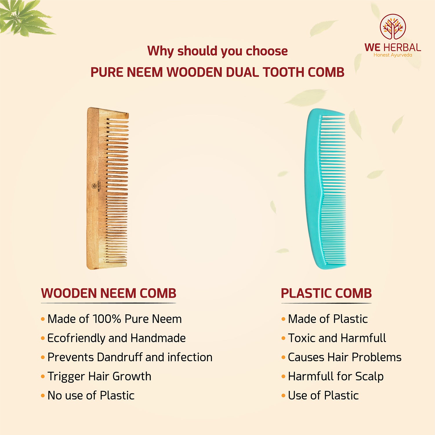 Pure Neem Wooden Dual Tooth Comb || Lily Comb We Herbal | Back to the Nature